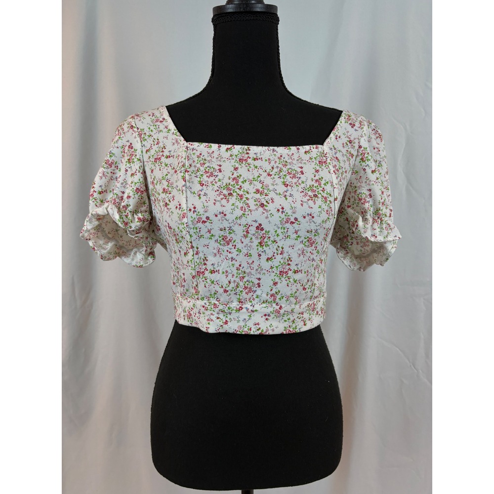 Floral Open Back Puff Sleeve Crop Top Square Neck Tie Back Ditsy Flower White